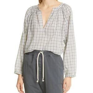 Nili Lotan Brooke White Black Plaid Print V-Neck Long‎ Sleeve Blouse Size Small